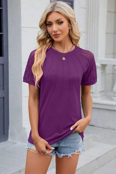 Openwork Round Neck Short Sleeve T-Shirt Fuchsia Women's T-Shirts - Tophatter Daily Deals